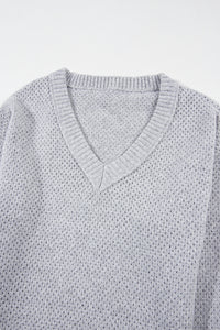 Loose Eyelet V Neck Drop Shoulder Sweater