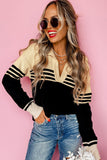 Colorblock Stripe Collared V Neck Sweater