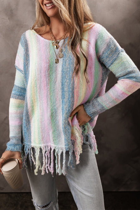 Color Block Fringed Drop Shoulder Tunic Sweater