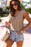 Pale Khaki Scalloped Hem V Neck Crochet Knit Vest