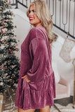 Plus Size Textured Velvet Tiered Button V Neck Dress