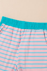 Pink Stripe Color Block Loose Fit Two Piece Shorts Set