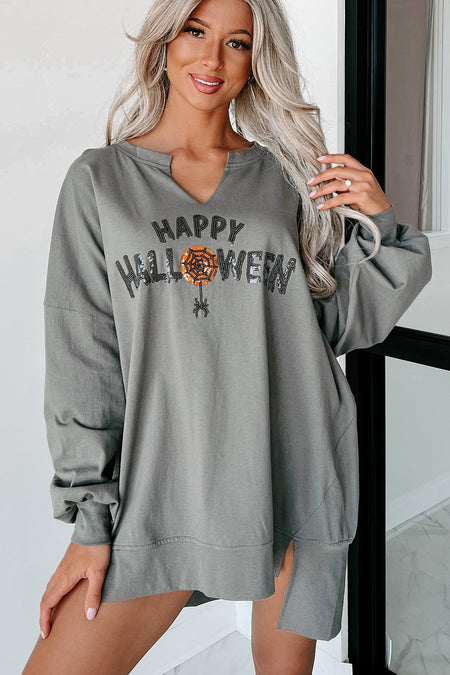 Sequin Happy Halloween Graphic Notched Neck Long Sleeve Loose Top