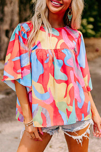 Abstract Pattern Wide Sleeve Crew Neck Blouse