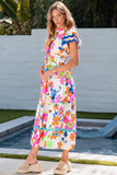 Ricrac Trim Flutter Sleeve Buttoned Floral Maxi Dress