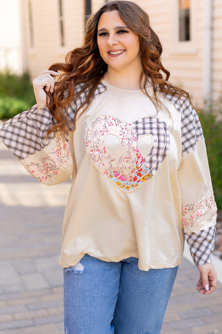 Plaid Floral Peace Heart Graphic Wide Long Sleeve Top