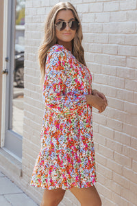 Multicolor Floral Neck Tie Long Sleeve Flared Dress