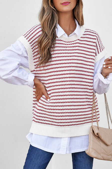 Stripe Ribbed Trim Loose Fit Knitted Sweater Vest