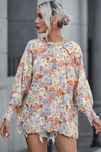 Multicolor Shirred Cuffs Bubble Sleeve Floral Blouse