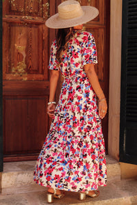 Floral Print Short Sleeve Buttoned Split Maxi Dress