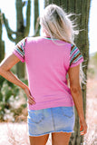 Bright Pink Contrast Printed Cap Sleeves Crewneck Sweater