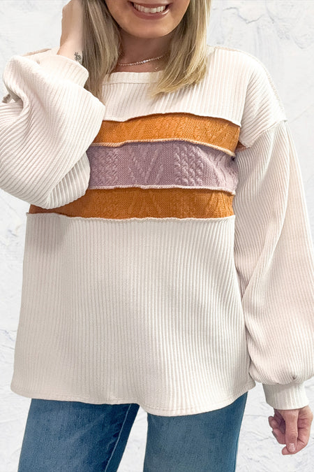 Corded Exposed Seam Knit Patchwork Drop Sleeve Top