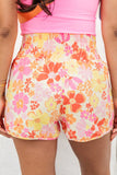 Pink Boho Floral Shirred High Waist Casual Shorts