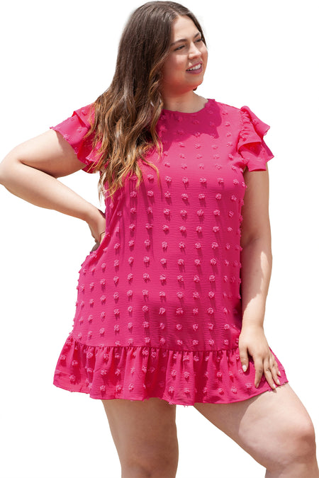 Strawberry Pink Plus Size Jacquard Short Ruffle Sleeve Mini Dress