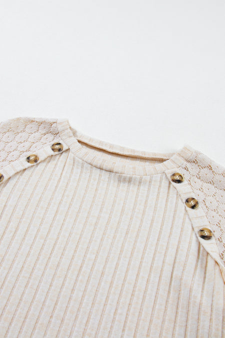 Parchment Contrast Lace Raglan Sleeve Buttoned Ribbed Top