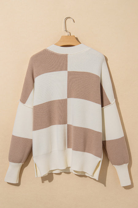 Checkered Side Slits Drop Shoulder Oversized Sweater