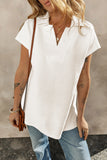 Textured V Neck Collared Short Sleeve Top