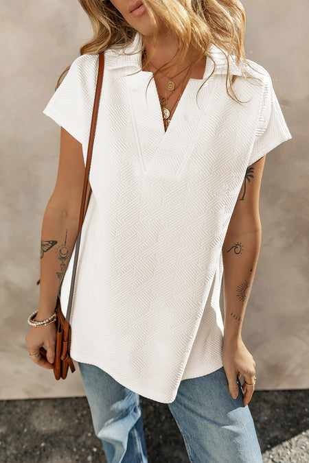 Textured V Neck Collared Short Sleeve Top