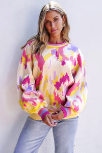 Abstract Print Colorblock Balloon Sleeve Sweater