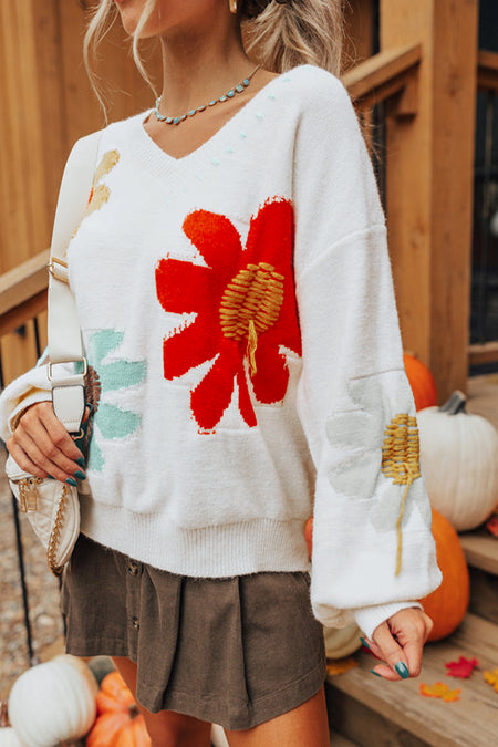 Flower Pattern V Neck Drop Shoulder Sweater