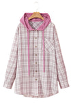 Plaid Print Drawstring Hooded Button-up Plus Size Shirt