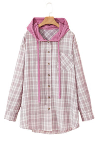 Plaid Print Drawstring Hooded Button-up Plus Size Shirt