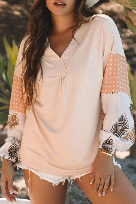 Polka Dot Puff Sleeve Patchwork V Neck Loose Blouse