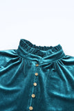 Navy Blue Frilled Neck Buttoned Front Velvet Top