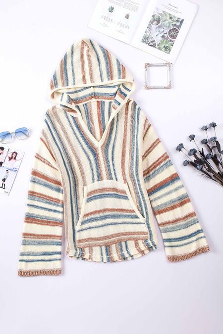 Striped Knit Kangaroo Pocket Hooded Sweater