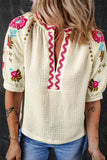 Floral Embroidered Ricrac Puff Sleeve Textured Blouse