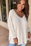 Waffle Knit Side Slits Loose Fit V Neck Top