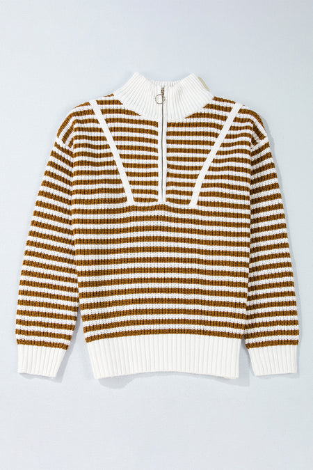 Stripe Zip up Collar Drop Shoulder Sweater