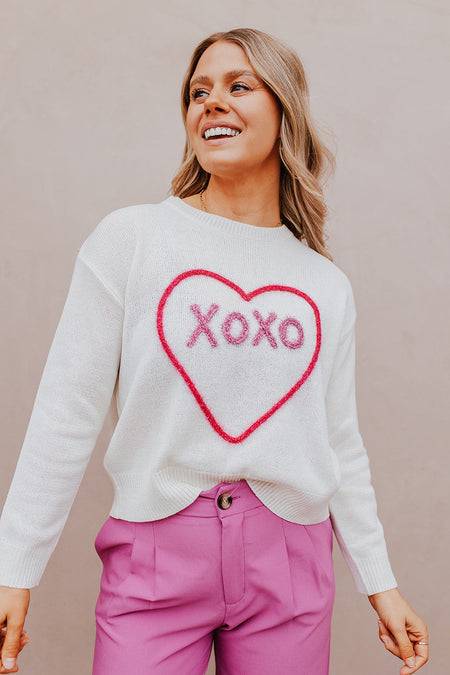 Heart XOXO Pattern Drop Shoulder Rib Knit Sweater