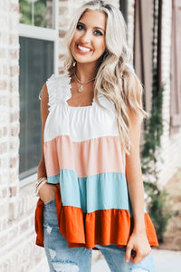 Frill Straps Color Block Tiered Tank Top