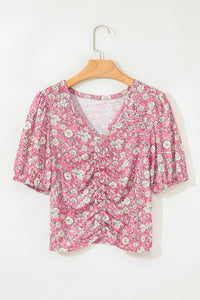 Floral Short Puff Sleeve V Neck Ruched Blouse