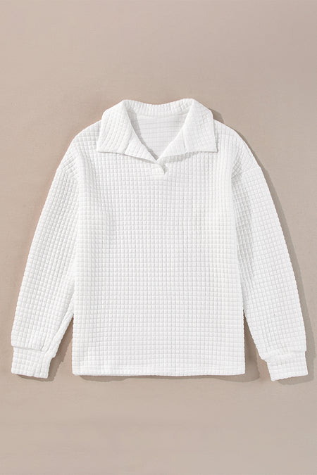 Quilted Texture Sporty Collared Long Sleeve Top