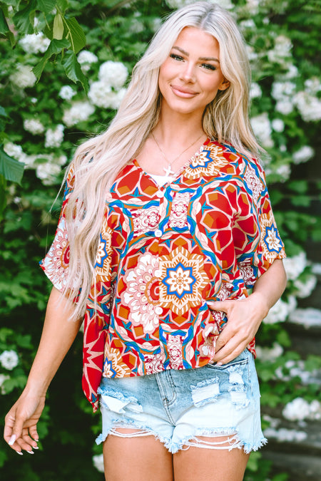 Red Floral Print Batwing Sleeve V Neck Blouse