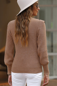 Braided Notched V Neckline Puff Sleeve Knitted Sweater