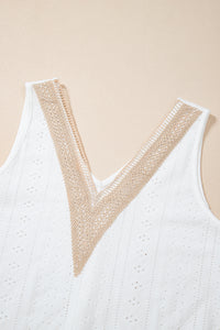 White Lace Crochet Splicing V Neck Loose Fit Tank Top