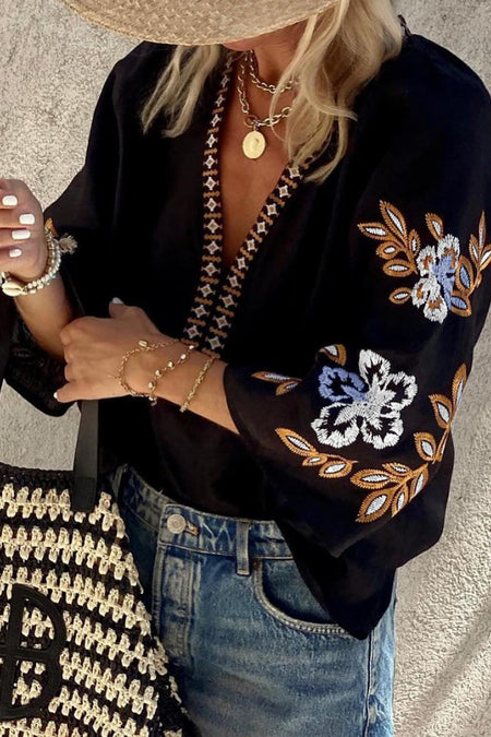 Bohemian Floral Embroidered V Neck Blouse