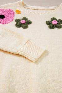 Knitted Flower Pattern Ribbed Edge Sweater