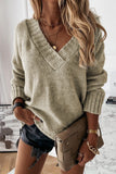 White V neck Drop Shoulder Knitted Sweater