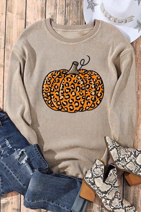 Halloween Leopard Pumpkin Graphic Corded Sweatshirt