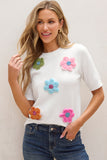 White Cute Flower Applique Short Sleeve Sweater