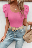Waffle Knit Ruched Puff Sleeve Top