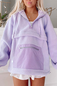 Zipped Patch Pocket Fuzzy Drawstring Hoodie