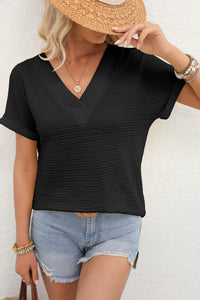 Textured Wide Sleeve V Neck T Shirt