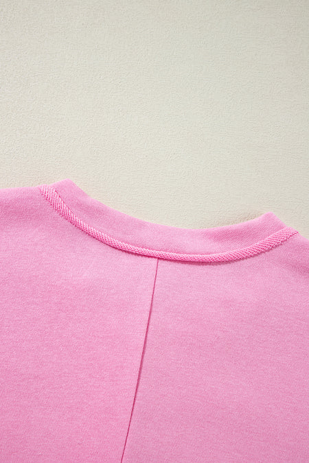 Solid Color Buttoned Neckline Loose Sweatshirt