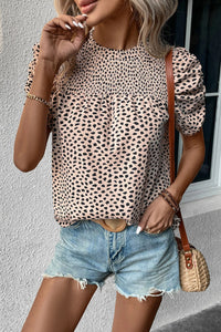 Leopard Shirred Round Neck Puff Sleeve Blouse