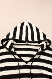 Stripe V Neck Pocketed Drawstring Hooded Sweater